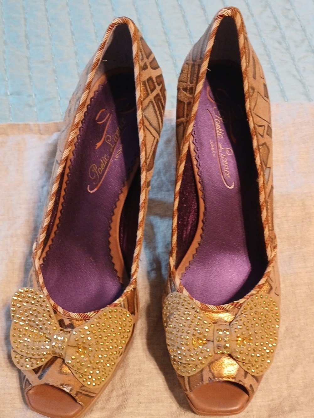 Poetic License Gold Bow Peep-Toe Heels with Purple Insole